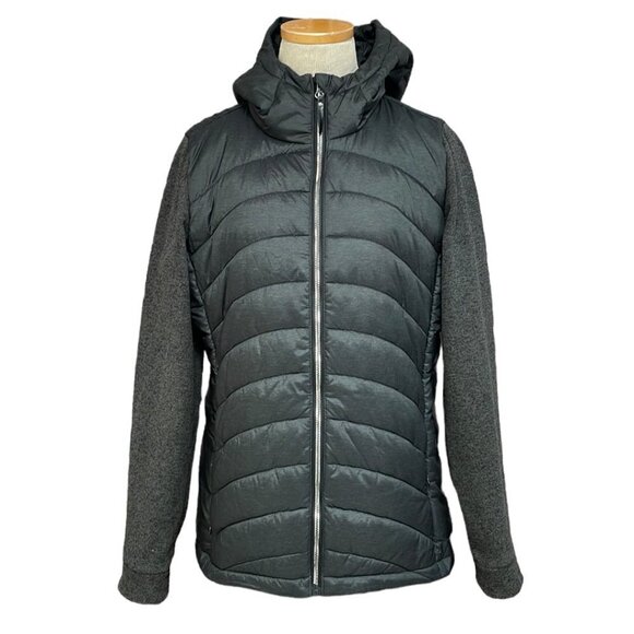 Stoic Puffer Jacket w Hood Full Zip Fleece Sleeves Black Size Medium M - Picture 1 of 16